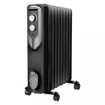 Обогреватель масляный 2 кВт, до 20 м, секций: 9, термостат, регулировка температуры, механическое управление, напольный, черный, SONNEN DFN-09BL (455311)