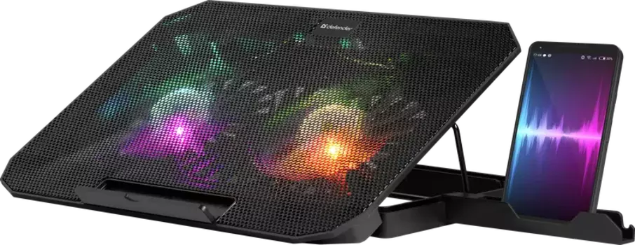 Охлаждающая подставка для ноутбука 15.6" Defender NS-510, вентилятор: 2x140мм, RGB подсветка, 2xUSB, металл, пластик, черный (29510)