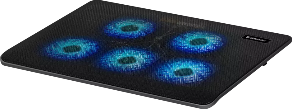 Охлаждающая подставка для ноутбука 15.6" Defender NS-509, вентилятор: 5x 80мм, синяя подсветка, 2xUSB, металл, пластик, черный (29509)