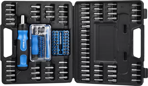 Отвертка реверсивная в наборе с битами и набором для ремонта мобильных устройств ЗУБР 25237-H129, предметов в наборе: 130 шт., насадки CrV, биты CrV, реверсивная, пластиковый кейс, (25237-H129)