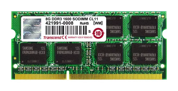 Память DDR3 SODIMM 8Gb, 1600MHz, CL11, 1.5 В, Transcend (TS1GSK64V6H)