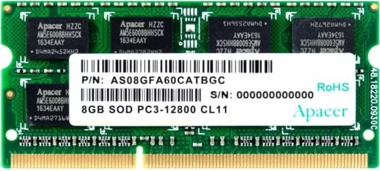 Память DDR3 SODIMM 8Gb, 1600MHz, CL11, 1.5 В, Apacer (AS08GFA60CATBGC/DS.08G2K.KAM)