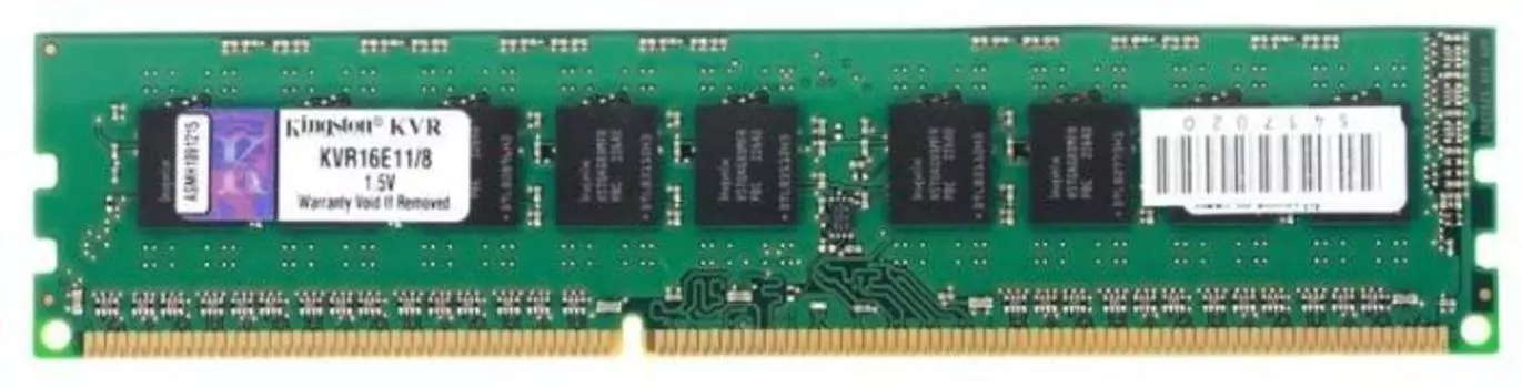 Память DDR3 UDIMM 8Gb, 1600MHz, CL11, 1.5V, Dual Rank, ECC, Kingston (KVR16E11/8)