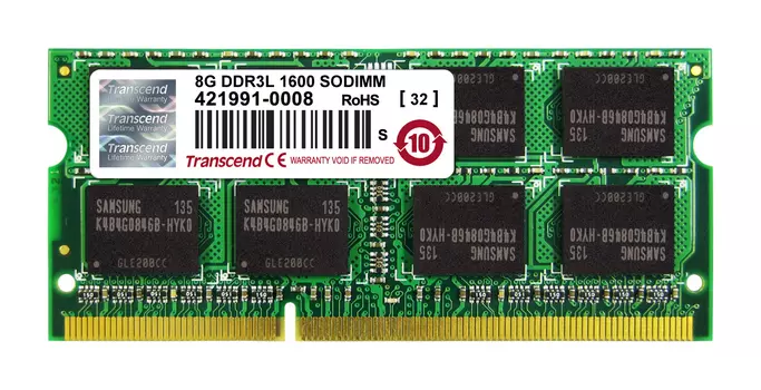 Память DDR3L SODIMM 8Gb, 1600MHz, CL11, 1.35 В, Transcend (TS1GSK64W6H)