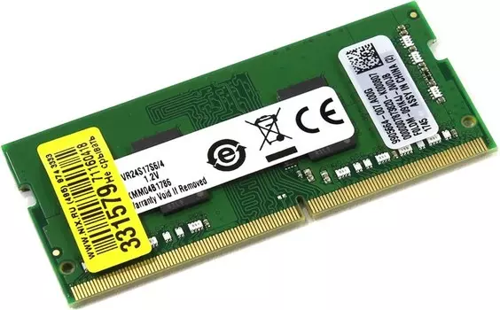 Память DDR4 SODIMM 4Gb, 2400MHz, CL17, 1.2 В, Kingston (KVR24S17S6/4)