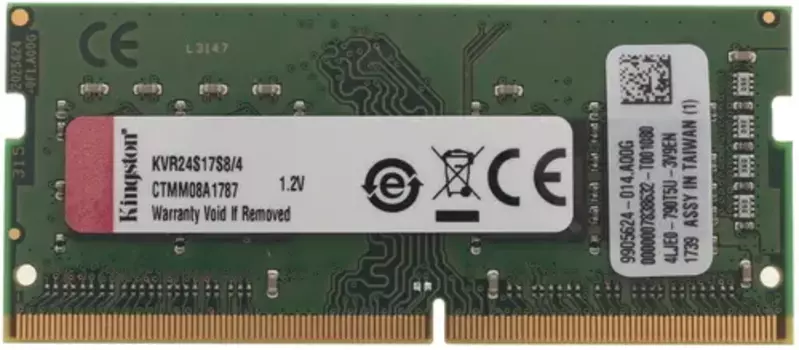 Память DDR4 SODIMM 4Gb, 2400MHz, CL17, 1.2 В, Kingston, ValueRAM (KVR24S17S8/4)
