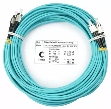 Патч-корд оптический Cabeus, FC/UPC-FC/UPC, многомодовый, 50/125, OM3, двойной, 10 м, LSZH, аквамарин (FOP-50-FC-FC-10m)