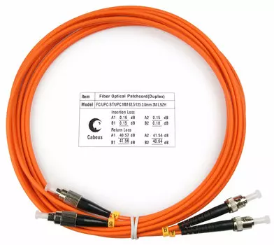 Патч-корд оптический Cabeus, FC/UPC-ST/UPC, многомодовый, 62.5/125, OM1, двойной, 3 м, LSZH, оранжевый (FOP-62-FC-ST-3m)