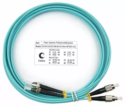 Патч-корд оптический Cabeus FOP-50-FC-ST-3m, FC/UPC-ST/UPC, многомодовый, 50/125, OM3, двойной, 3 м, LSZH, аквамарин (FOP-50-FC-ST-3m)
