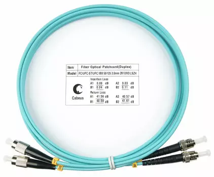 Патч-корд оптический Cabeus FOP-50-FC-ST-2m, FC/UPC-ST/UPC, многомодовый, 50/125, OM3, двойной, 2 м, LSZH, аквамарин (FOP-50-FC-ST-2m)