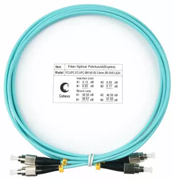 Патч-корд оптический Cabeus FOP-50-FC-FC-2m, FC/UPC-FC/UPC, многомодовый, 50/125, OM3, двойной, 2 м, LSZH, аквамарин (FOP-50-FC-FC-2m)