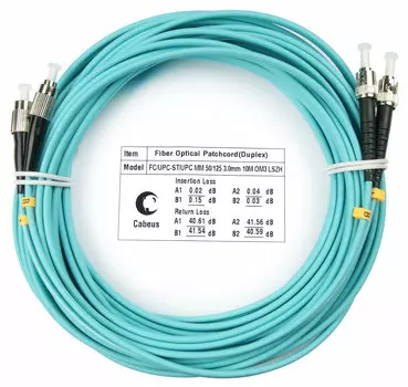 Патч-корд оптический Cabeus FOP-50-FC-ST-20m, FC/UPC-ST/UPC, многомодовый, 50/125, OM3, двойной, 20 м, LSZH, аквамарин (FOP-50-FC-ST-20m)