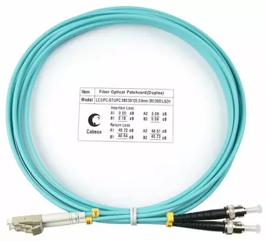 Патч-корд оптический Cabeus FOP-50-LC-ST-3m, LC/UPC-ST/UPC, многомодовый, 50/125, OM3, двойной, 3 м, LSZH, аквамарин (FOP-50-LC-ST-3m)