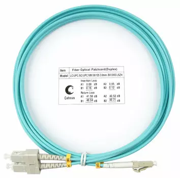 Патч-корд оптический Cabeus FOP-50-LC-SC-3m, LC/UPC-SC/UPC, многомодовый, 50/125, OM3, двойной, 3 м, LSZH, аквамарин (FOP-50-LC-SC-3m)