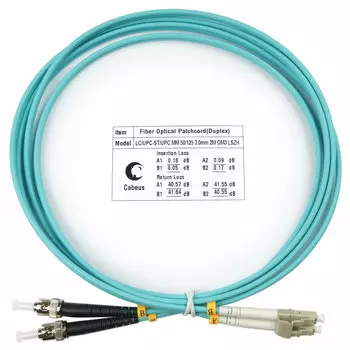 Патч-корд оптический Cabeus FOP-50-LC-ST-1,5m, LC/UPC-ST/UPC, многомодовый, 50/125, OM3, двойной, 1.5 м, LSZH, аквамарин (FOP-50-LC-ST-1,5m)