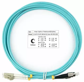 Патч-корд оптический Cabeus FOP-50-LC-FC-3m, LC/UPC-FC/UPC, многомодовый, 50/125, OM3, двойной, 3 м, LSZH, аквамарин (FOP-50-LC-FC-3m)
