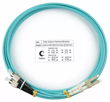 Патч-корд оптический Cabeus FOP-50-LC-FC-2m, LC/UPC-FC/UPC, многомодовый, 50/125, OM3, двойной, 2 м, LSZH, аквамарин (FOP-50-LC-FC-2m)