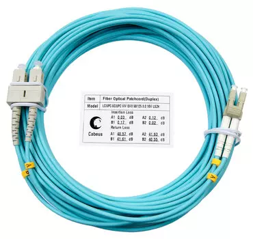 Патч-корд оптический Cabeus FOP-50-LC-SC-20m, LC/UPC-SC/UPC, многомодовый, 50/125, OM3, двойной, 20 м, LSZH, аквамарин (FOP-50-LC-SC-20m)