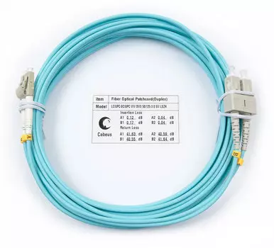 Патч-корд оптический Cabeus FOP-50-LC-SC-5m, LC/UPC-SC/UPC, многомодовый, 50/125, OM3, двойной, 5 м, LSZH, аквамарин (FOP-50-LC-SC-5m)