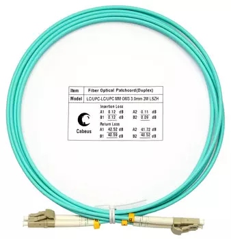 Патч-корд оптический Cabeus FOP-50-LC-LC-2m, LC/UPC-LC/UPC, многомодовый, 50/125, OM3, двойной, 2 м, LSZH, бирюзовый (FOP-50-LC-LC-2m)