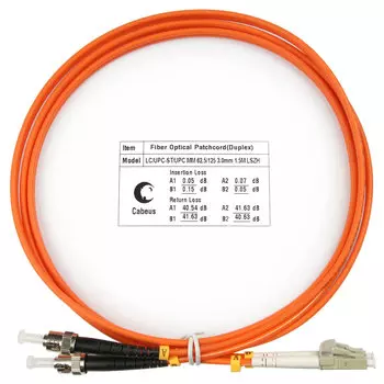 Патч-корд оптический Cabeus FOP-62-LC-ST-1,5m, LC/UPC-ST/UPC, многомодовый, 62.5/125, OM1, двойной, 1.5 м, LSZH, оранжевый (FOP-62-LC-ST-1,5m)
