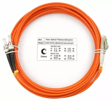 Патч-корд оптический Cabeus FOP-62-LC-ST-5m, LC/UPC-ST/UPC, многомодовый, 62.5/125, OM1, двойной, 5 м, LSZH, оранжевый (FOP-62-LC-ST-5m)