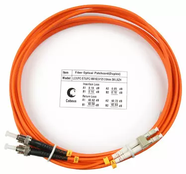 Патч-корд оптический Cabeus FOP-62-LC-ST-3m, LC/UPC-ST/UPC, многомодовый, 62.5/125, OM1, двойной, 3 м, LSZH, оранжевый (FOP-62-LC-ST-3m)