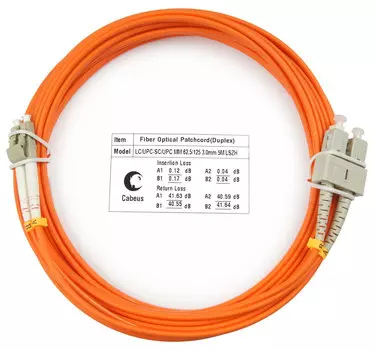 Патч-корд оптический Cabeus FOP-62-LC-SC-5m, LC/UPC-SC/UPC, многомодовый, 62.5/125, OM1, двойной, 5 м, LSZH, оранжевый (FOP-62-LC-SC-5m)