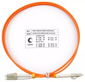 Патч-корд оптический Cabeus FOP-62-LC-LC-1m, LC/UPC-LC/UPC, многомодовый, 62.5/125, OM1, двойной, 1 м, LSZH, оранжевый (FOP-62-LC-LC-1m)