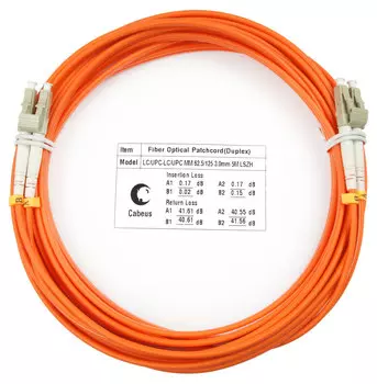 Патч-корд оптический Cabeus FOP-62-LC-LC-5m, LC/UPC-LC/UPC, многомодовый, 62.5/125, OM1, двойной, 5 м, LSZH, оранжевый (FOP-62-LC-LC-5m)