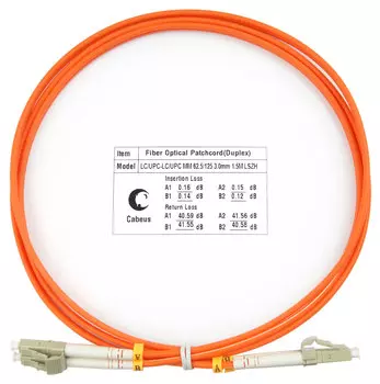 Патч-корд оптический Cabeus FOP-62-LC-LC-1,5m, LC/UPC-LC/UPC, многомодовый, 62.5/125, OM1, двойной, 1.5 м, LSZH, оранжевый (FOP-62-LC-LC-1,5m)