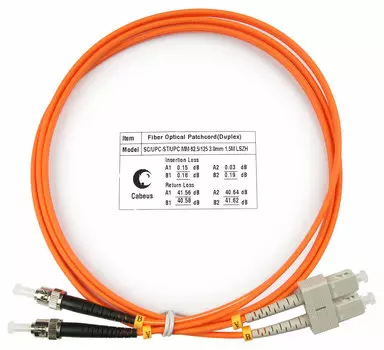 Патч-корд оптический Cabeus FOP-62-SC-ST-1,5m, SC/UPC-ST/UPC, многомодовый, 62.5/125, OM1, двойной, 1.5 м, LSZH, оранжевый (FOP-62-SC-ST-1,5m)