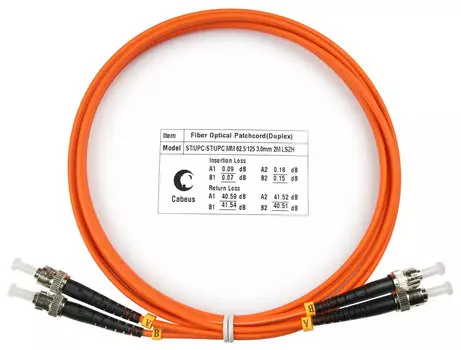 Патч-корд оптический Cabeus FOP-62-ST-ST-2m, ST/UPC-ST/UPC, многомодовый, 62.5/125, OM1, двойной, 2 м, LSZH, оранжевый (FOP-62-ST-ST-2m)