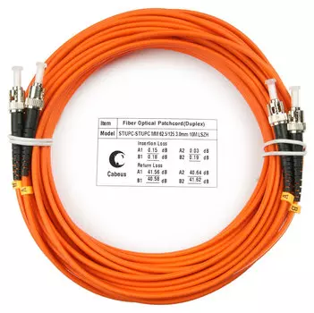 Патч-корд оптический Cabeus FOP-62-ST-ST-10m, ST/UPC-ST/UPC, многомодовый, 62.5/125, OM1, двойной, 10 м, LSZH, оранжевый (FOP-62-ST-ST-10m)