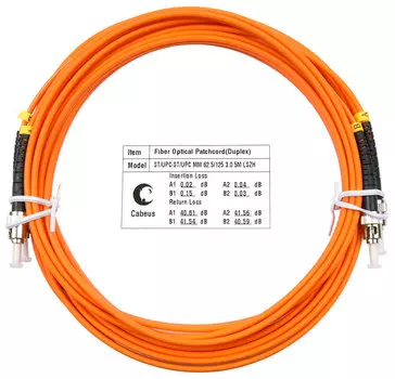 Патч-корд оптический Cabeus FOP-62-ST-ST-5m, ST/UPC-ST/UPC, многомодовый, 62.5/125, OM1, двойной, 5 м, LSZH, оранжевый (FOP-62-ST-ST-5m)