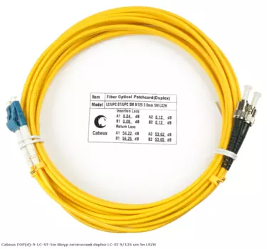 Патч-корд оптический Cabeus FOP(d)-9-LC-ST-5m, LC/UPC-ST/UPC, одномодовый, 9/125, OS2, двойной, 5 м, LSZH, желтый (FOP(d)-9-LC-ST-5m)