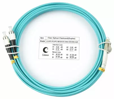 Патч-корд оптический Cabeus, LC/UPC-FC/UPC, многомодовый, 50/125, OM3, двойной, 10 м, LSZH, аквамарин (FOP-50-LC-FC-10m)