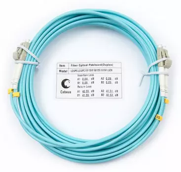 Патч-корд оптический Cabeus, LC/UPC-LC/UPC, многомодовый, 50/125, OM3, двойной, 5 м, LSZH, аквамарин (FOP-50-LC-LC-5m)