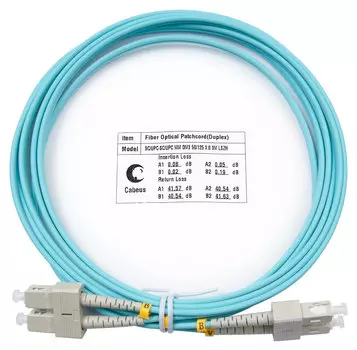 Патч-корд оптический Cabeus, SC/UPC-SC/UPC, многомодовый, 50/125, OM3, двойной, 3м, бирюзовый (FOP-50-SC-SC-3m)