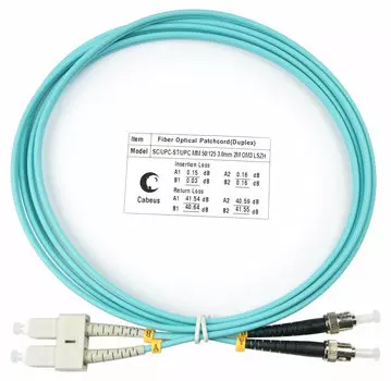 Патч-корд оптический Cabeus, SC/UPC-ST/UPC, многомодовый, 50/125, OM3, двойной, 2 м, LSZH, бирюзовый (FOP-50-SC-ST-2m)