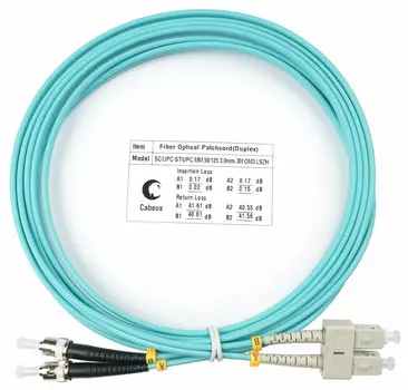 Патч-корд оптический Cabeus, SC/UPC-ST/UPC, многомодовый, 50/125, OM3, двойной, 3 м, LSZH, бирюзовый (FOP-50-SC-ST-3m)
