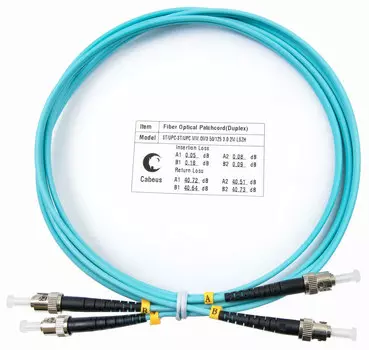 Патч-корд оптический Cabeus, ST/UPC-ST/UPC, многомодовый, 50/125, OM3, двойной, 2 м, LSZH, аквамарин (FOP-50-ST-ST-2m)
