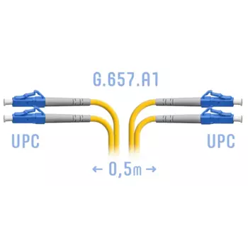 Патч-корд оптический SNR, LC/UPC-LC/UPC, одномодовый, 9/125, G.657.A1, двойной, 50 см, LSZH, желтый (SNR-PC-LC/UPC-DPX-A-0.5m)