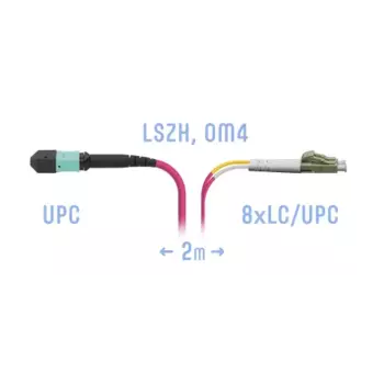 Патч-корд оптический SNR, MPO/UPC-LC/UPC, многомодовый, 50/125, OM4, двойной, 2м, пурпурный (SNR-PC-MPO-8LC/UPC-DPX-MM4-2m)