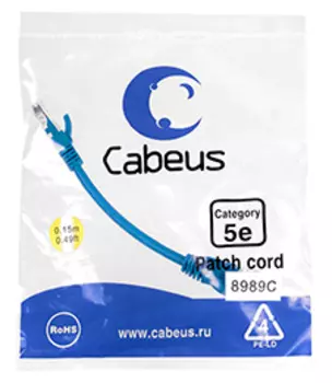 Патч-корд UTP кат.5e, 0.15 м, RJ45-RJ45, синий, CU, Cabeus (PC-UTP-RJ45-Cat.5e-0.15m-BL)