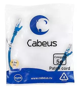 Патч-корд UTP кат.5e, 0.3 м, RJ45-RJ45, синий, CU, Cabeus (PC-UTP-RJ45-Cat.5e-0.3m-BL)