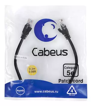 Патч-корд UTP кат.5e, 0.3м, RJ45-RJ45, черный, CU, Cabeus PC-UTP-RJ45-Cat.5e-0.3m-BK (7658c)