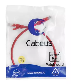 Патч-корд UTP кат.5e, 0.5 м, RJ45-RJ45, красный, Cabeus (PC-UTP-RJ45-Cat.5e-0.5m-RD)