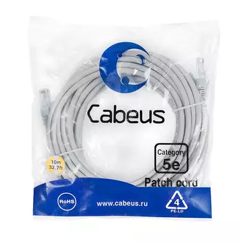 Патч-корд UTP кат.5e, 10м, RJ45-RJ45, серый, CU, Cabeus PC-UTP-RJ45-Cat.5e-10m (7699c)