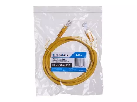 Патч-корд UTP кат.5e, 1.5м, RJ45-RJ45, желтый, Technolink (T.BC.UTP.5e-1.5m-6-lszh / 57006)